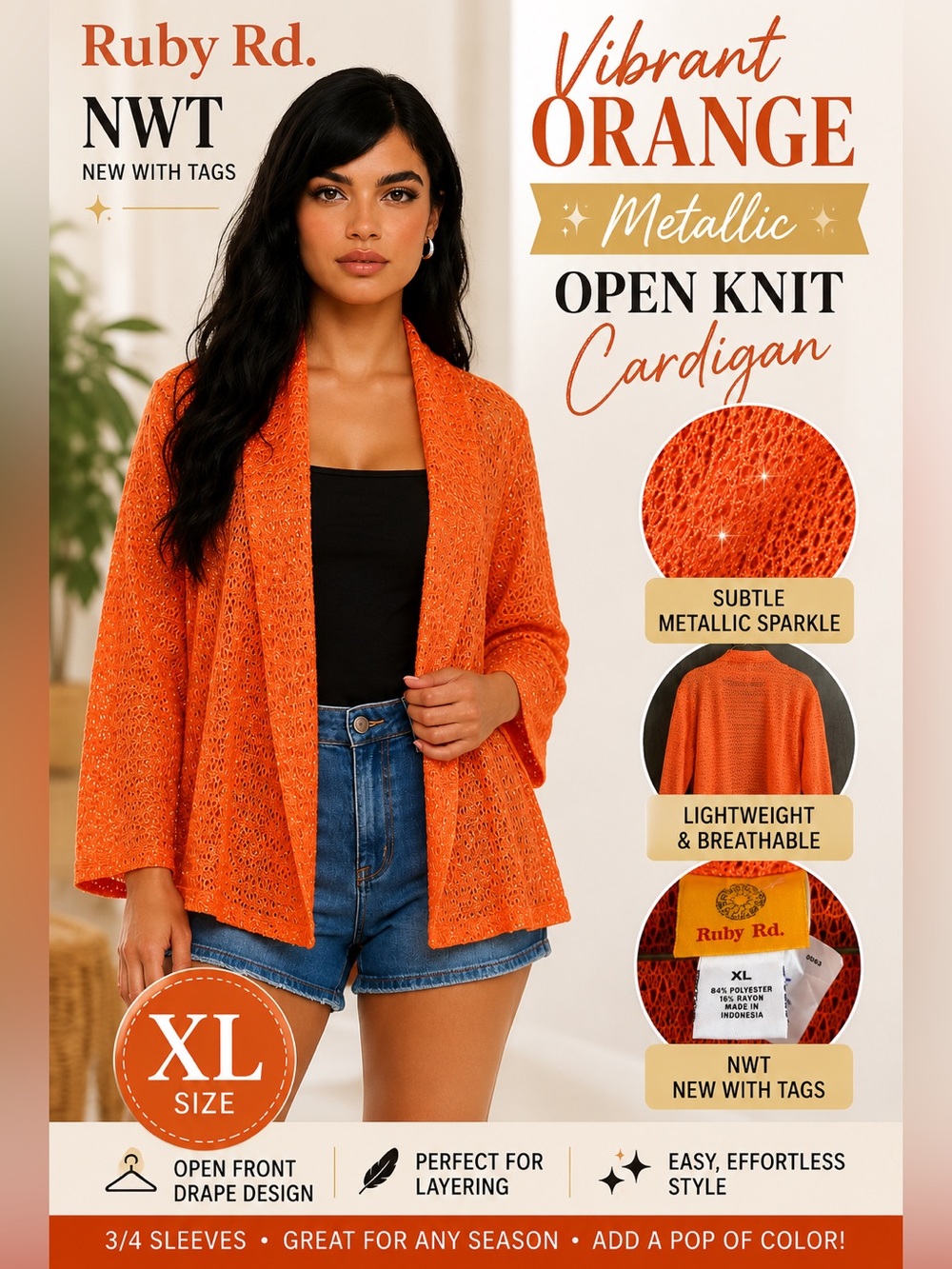 NWT Ruby Rd Orange Metallic Open Knit Cardigan XL Lightweight Crochet Sweater